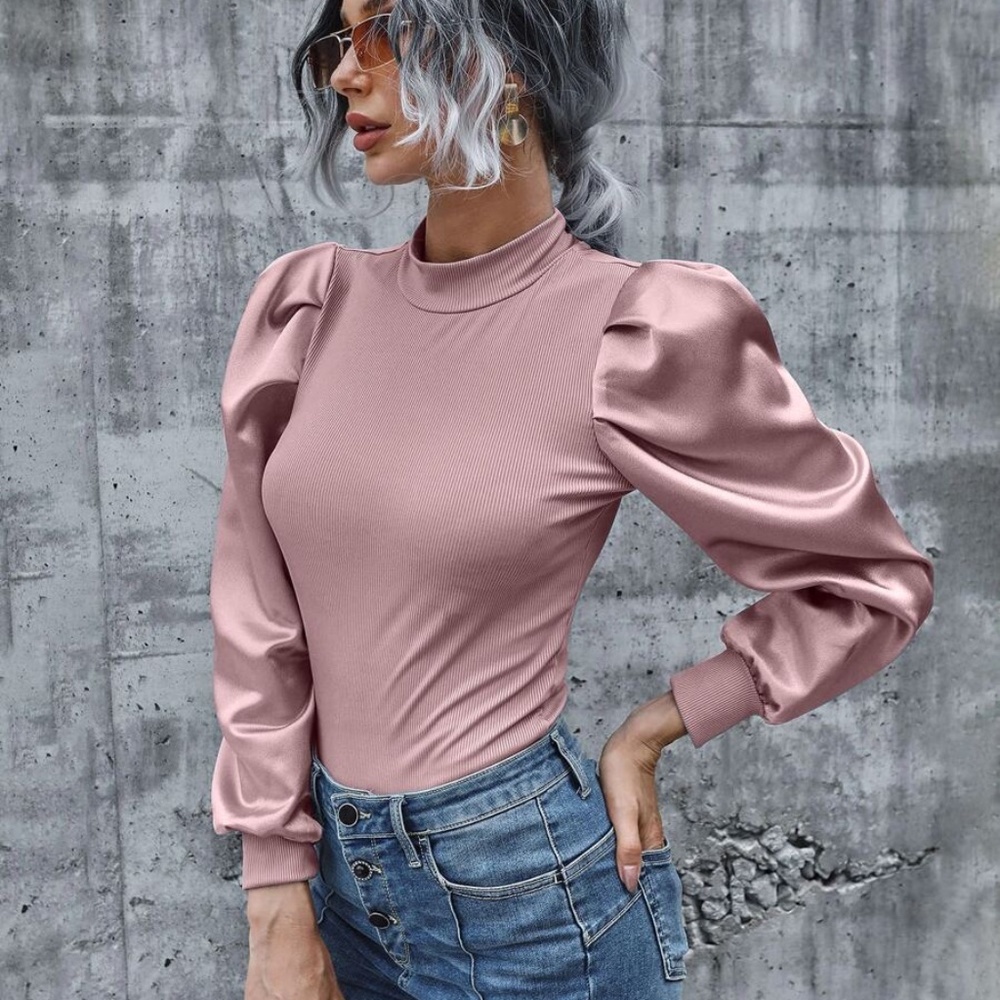 baby blue Ribbed long sleeve puff top fall - Picture 2 of 13